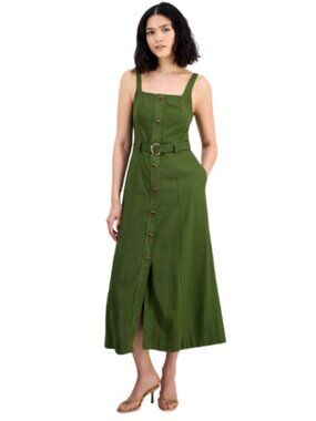 Taylor Square Neck Belted Green Button Midi Casual Day Dress Size 8P